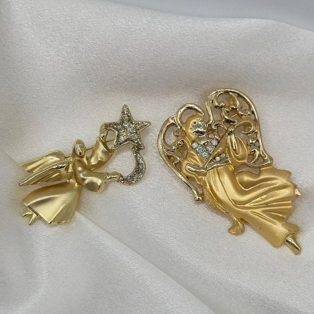 Festive Joy Holiday Gold Tone Angels Religious Faith Christian Brooch Pins‎ 2PC